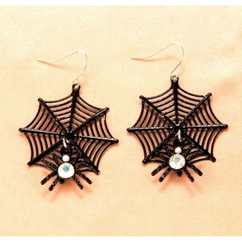Halloween Earrings Spider on Web with Rhinestone Party Costume Earring - 1.5"